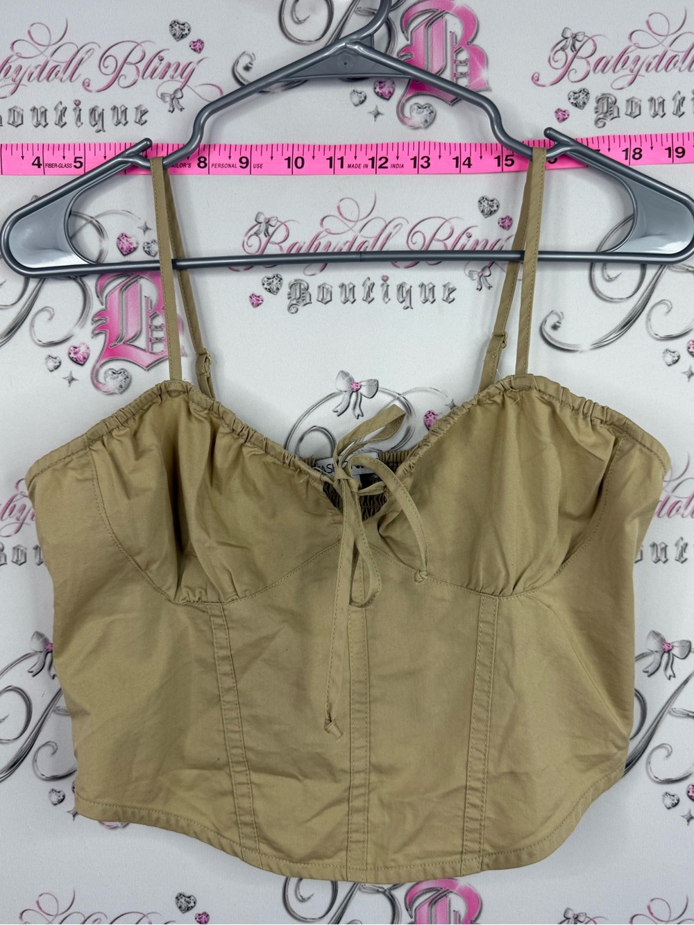 Fashion Nova milkmaid tank Khaki Bustier Crop Cami with Tie Detail smocked